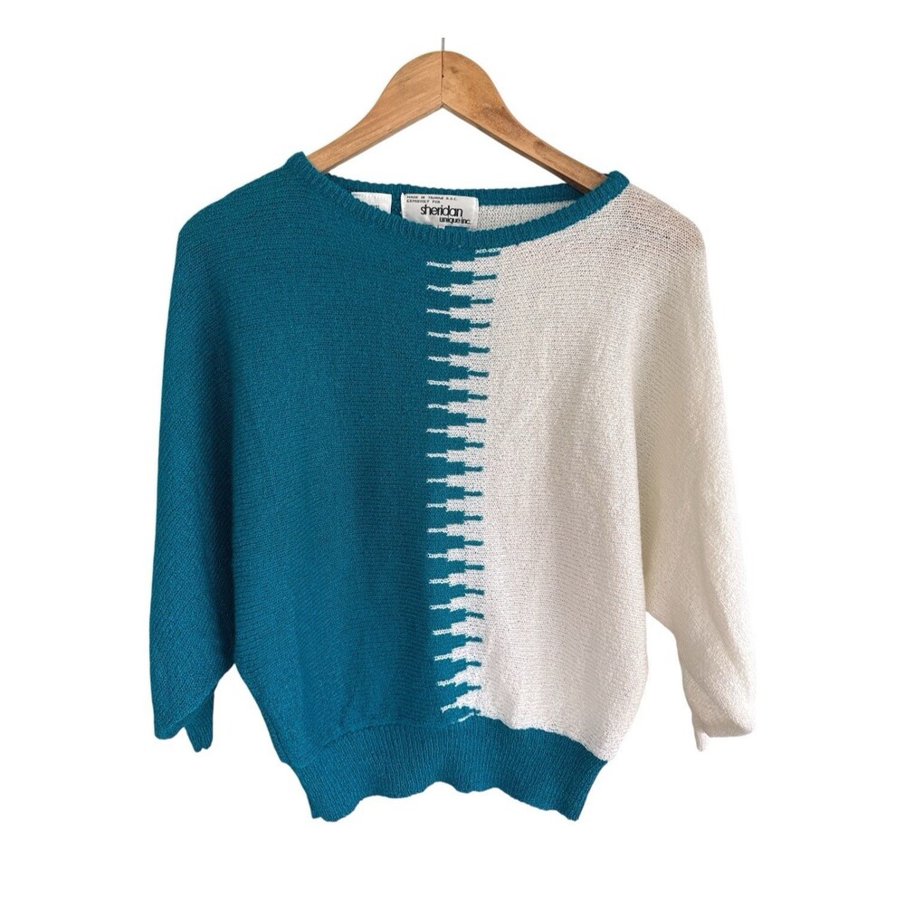 Vintage Sheriden 90s Dolman Sweater Colorblock Pullover Aqua White Large NWT